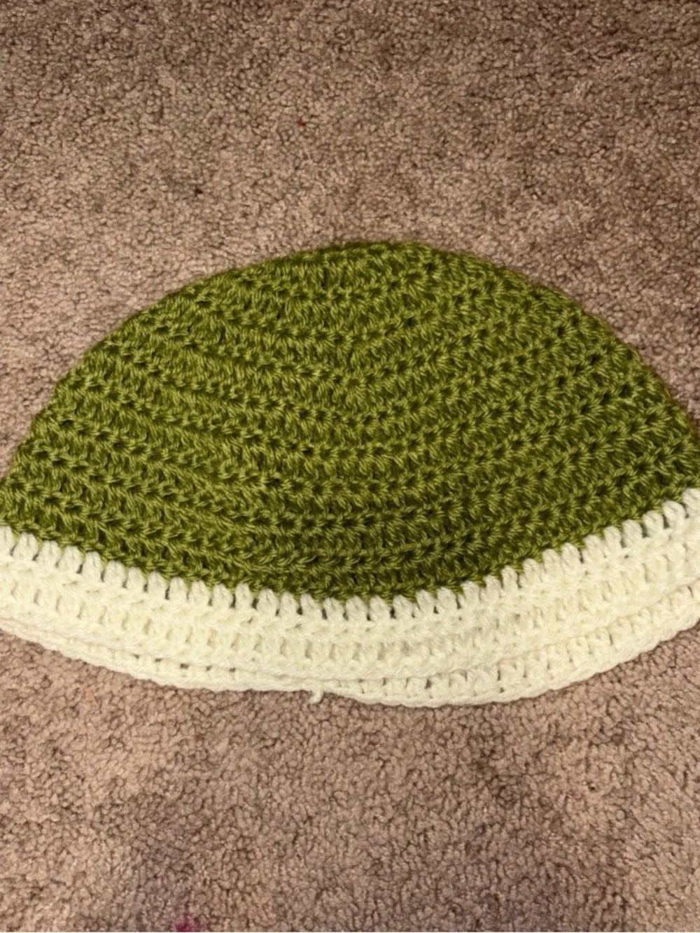 Handmade Crochet Beanie Hat in Olive Green and Cream